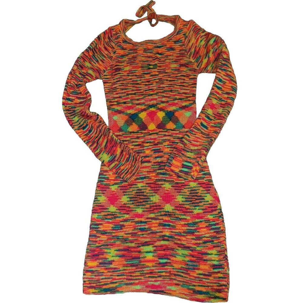 NWT Thanne Disco Neon Multicolor Knit Mini Dress Women Sz Small Open Back Party